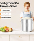 Built Like A Tank 304 Stainless Steel Airtight Canister For Kitchen Storage, 48L for rice, with welded handles and moisture prevention.