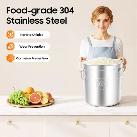 Built Like A Tank 304 Stainless Steel Airtight Canister For Kitchen Storage, 48L for rice, with welded handles and moisture prevention.