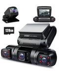 360 Degree Four Channel Dash Cam With Front Rear Left And Right Cameras For All Around Coverage Car Dash Camera With GPS WiFi Night Vision 24 Seven Parking Mode 1080P Recording 128GB Card Included, showing camera and 128GB card