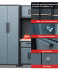 Heavy Duty Steel Garage Storage Cabinet Setup 18PC Modular Workshop Rig featuring tight rolling drawers and secure magnetic door stopper.