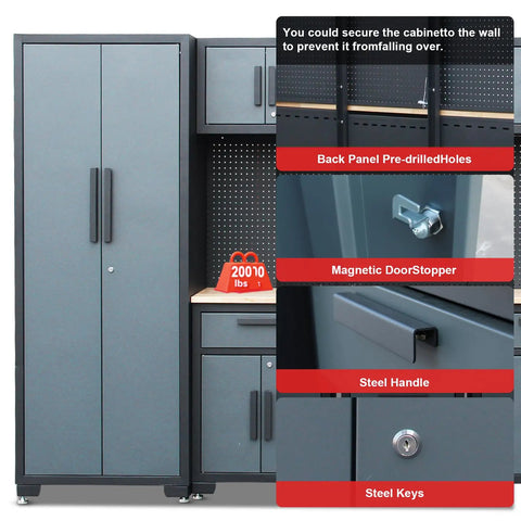 Heavy Duty Steel Garage Storage Cabinet Setup 18PC Modular Workshop Rig featuring tight rolling drawers and secure magnetic door stopper.