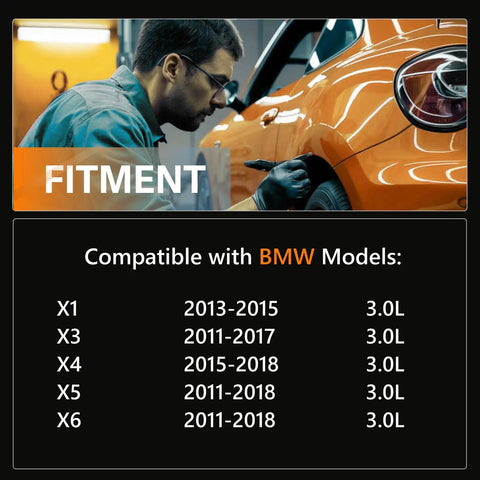 Technician working on BMW car to demonstrate fitment for models X1, X3, X4, X5, X6 between 2011-2018 with 3.0L engines.