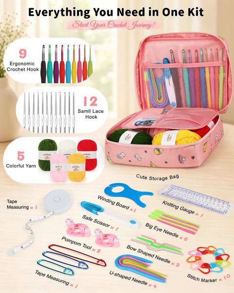 No-Brainer Crochet Starter Kit For Beginners With Ergonomic Hooks And 59-Piece Yarn Bundle All-In-One Set displayed organized