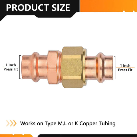 Twenty Pack One Inch Copper Press Union Couplings Lead Free Quick Connect Plumbing Fittings close-up of 1 inch copper press joint design.