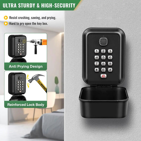 Waterproof Key Lock Box With Code Wall Mount Safe showing open view with 12-digit keypad, durable black design, reinforced lock.