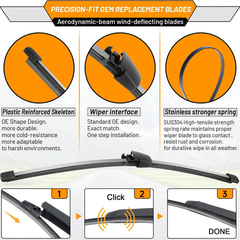 Diagram showing 24 Inch And 21 Inch Windshield Wiper Blades With 13 Inch Rear Wiper For VW Tiguan 2007-2017, 3-pack OEM quality features.