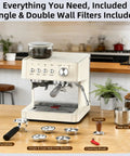 Almond finish 15 Bar Espresso Machine with Built-In Anti-Clog Grinder and Milk Frother Steam Wand on kitchen counter.