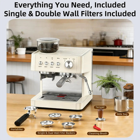 Almond finish 15 Bar Espresso Machine with Built-In Anti-Clog Grinder and Milk Frother Steam Wand on kitchen counter.