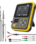 2 In 1 Handheld Digital Oscilloscope And LCR Transistor Tester Kit With PWM Signal Generator showing integrated hidden stand and P6100 probe
