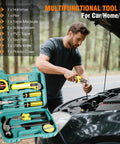 Man using multifunctional tool kit, tools in case and man fixing car engine, roadside emergency kit for cars and trucks with air compressor