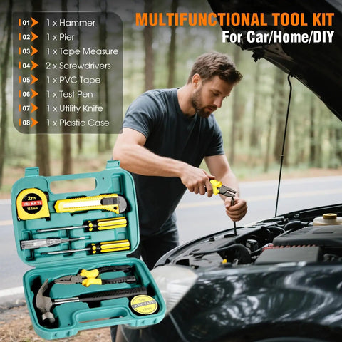 Man using multifunctional tool kit, tools in case and man fixing car engine, roadside emergency kit for cars and trucks with air compressor