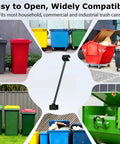 Adjustable Hands Free Trash Can Lid Holder For Dumpsters displayed with various colorful trash bins, showing compatibility and height adjustability.