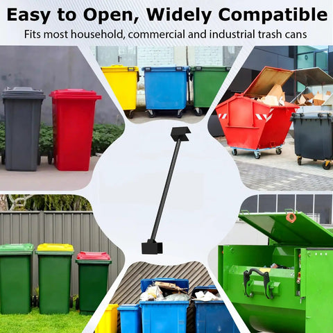 Adjustable Hands Free Trash Can Lid Holder For Dumpsters displayed with various colorful trash bins, showing compatibility and height adjustability.