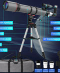 High Powered 90mm Refractor Telescope With 800mm Focal Length For Adults And Beginners shown with tripod and carry bag