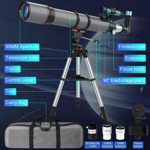 High Powered 90mm Refractor Telescope With 800mm Focal Length For Adults And Beginners shown with tripod and carry bag