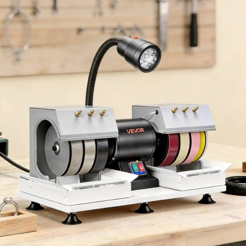 Eight Inch Cabbing Machine For Gemstones And Lapidary Polishing, Three Quarter Horsepower, 1800 RPM, Six Diamond Wheels Plus Resin Wheel
