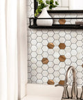 10 Pack Peel And Stick Hexagon Backsplash Tiles In Cream Marble Brushed Copper Metal Look For Kitchen And Bath installed behind sink