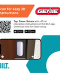 Wireless Keyless Garage Door Keypad With PIN Access for easy setup using BILT app, shown on smartphone with QR code and Genie logo.