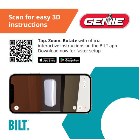 Wireless Keyless Garage Door Keypad With PIN Access for easy setup using BILT app, shown on smartphone with QR code and Genie logo.