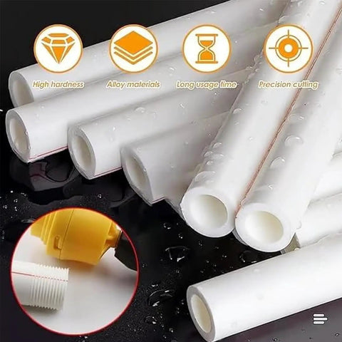 Electric Drill PVC Pipe Threader Kit With Internal And External Dies For One Half Inch, Three Quarter Inch And One Inch PVC Pipes, DIY Home Plumbing Tool, PVC Threading Set in use with white PVC pipes.