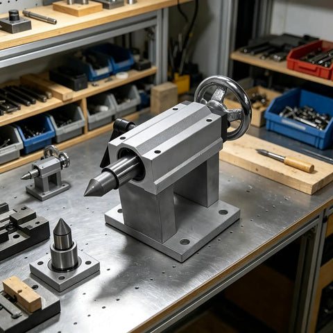 Precision Cnc Rotary Axis Tailstock With Adjustable Moving Center For Wood Routing Fast Fifty Millimeter Stroke on workbench with tools.