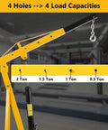 4000 LB Folding Engine Crane Beefy Steel Hoist Cherry Picker showing adjustable boom with 4 load capacities and measurements.
