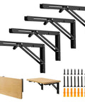 Rock Solid Folding Shelf Brackets 16 Inch Set Of 4 Black Stainless Steel wall mount collapsible brackets with wood panel.