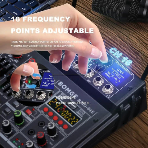 Lit 4 Channel Karaoke Mixer With Dual UHF Wireless Mics Up To 329 Feet, Bluetooth Ready, frequency control adjustment
