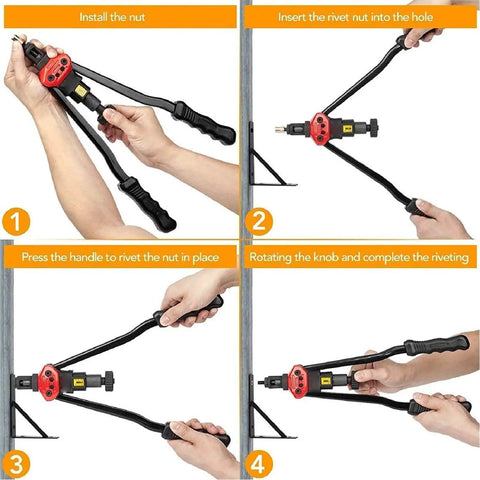 Professional Rivet Nut Tool Kit With 110 Pc Assortment And Carbon Steel Arm, Includes 11 Interchangeable Mandrels For Quick Setup, Heavy Duty Hand Setter For Tough Jobs And Auto Repair Projects Today. Hand tool in four steps installing a rivet nut