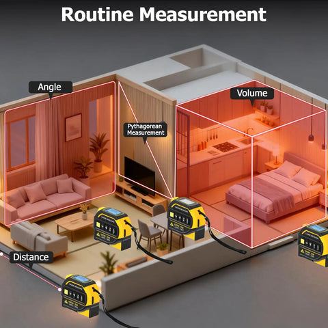 4-In-1 Digital Laser Tape Measure With 328 Ft Range And 16 Ft AutoLock Tape, Dual-Axis Leveling, Cross-Line Leveling, Class II Laser Output Under 1 mW, Built For DIYers, Pros, And Home Reno Projects, measuring room distance, angle, and volume