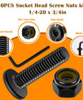 Illustration of 304 Stainless Steel Nuts and Bolts Kit One Quarter Inch by Twenty Threads Three Quarter Inch Long Flat Head Hex Socket Cap Furniture Screws with Nylon Insert Lock Nuts and Hex Wrench 30 Pieces showing components.