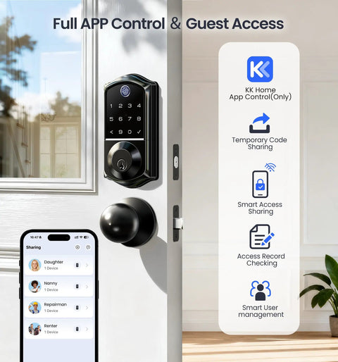 Top Shelf Keyless Entry Smart Door Lock With Lightning Quick Fingerprint Scanning And Smooth App Pairing Featuring Custom Auto Lock Timing Plus Heavy Duty Matte Black Knob Set For Bulletproof Front Door Protection