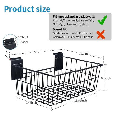 Built Tough Heavy Duty 15 Inch Width Slatwall Hanging Baskets Set Of 5 Steel Wire Storage Bins with dimensions indicated