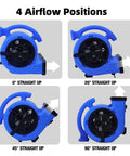 Heavy-Duty 1/4 HP 1000 CFM Air Mover Blower Fan shown in 4 adjustable angles for fast carpet drying and large area ventilation.