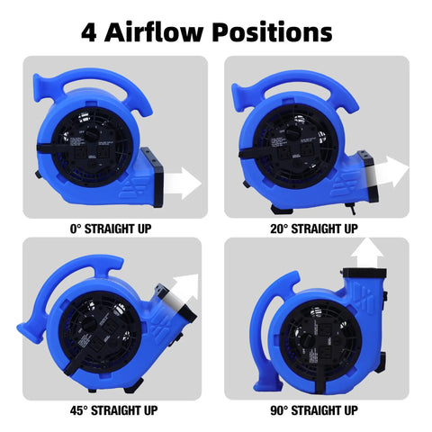 Heavy-Duty 1/4 HP 1000 CFM Air Mover Blower Fan shown in 4 adjustable angles for fast carpet drying and large area ventilation.