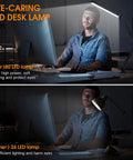 Comparison of LED Desk Lamp With Swing Arm Clamp, 14W Eye Care Lighting against a standard lamp in a dim office setting