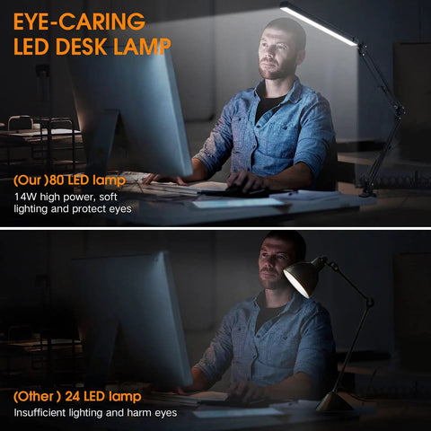 Comparison of LED Desk Lamp With Swing Arm Clamp, 14W Eye Care Lighting against a standard lamp in a dim office setting
