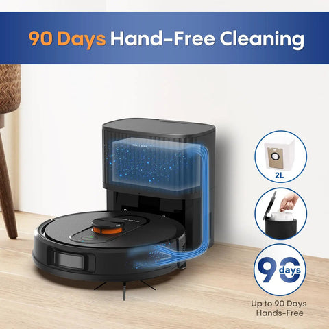 Robot Vacuum And Mop Combo With 6000Pa Monster Suction LiDAR Navigation Self Emptying Dock shown in charging station for 90-day hands-free cleaning