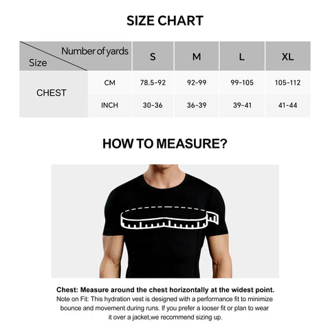 Size chart and how to measure for 5L Hydration Running Vest With Dual 500ml Soft Flasks, Lightweight Nylon Pack
