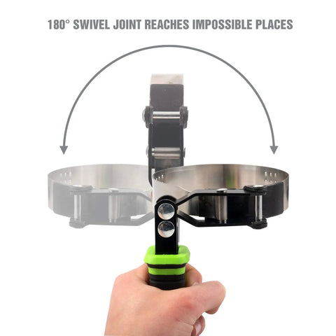 Swivel Oil Filter Wrench For 4-3/4 To 5-3/4 Inch Filters with 180° joint, dimpled steel band grippers, and green padded handle