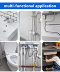 Various plumbing applications showing a bathroom sink, toilet, shower, under-sink pipes, and a plumber at work.