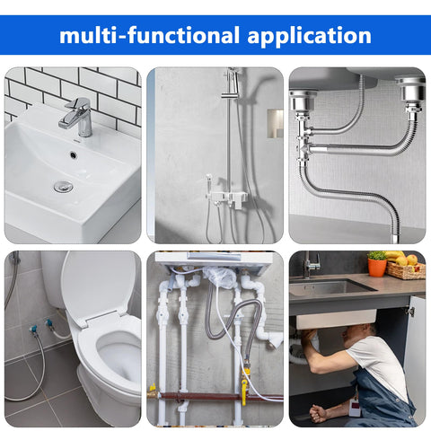 Various plumbing applications showing a bathroom sink, toilet, shower, under-sink pipes, and a plumber at work.