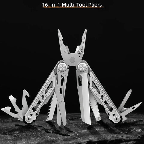 All In One 16 In 1 Multitool Pliers With Spring Loaded Pliers Head Plus Knife Scissors Saw And Screwdriver Bits open on dark surface