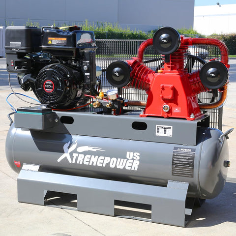 13.0HP Horizontal Gas Powered 30 Gallon Tank Air Compressor With 3 Cylinder Engine for service truck mounts and workshops.