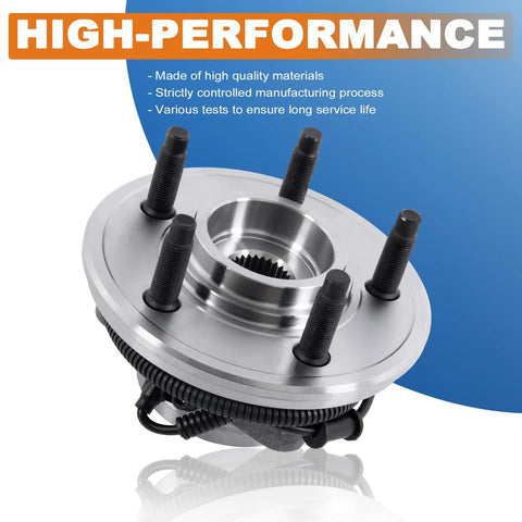 Pair Drop-In Front Wheel Hub Bearing Assembly With ABS Sensor For 2002-2005 Ford Explorer, 2003-2005 Lincoln Aviator, And 2002-2005 Mercury Mountaineer, 5 Lug, Direct-Fit Replacement on white background