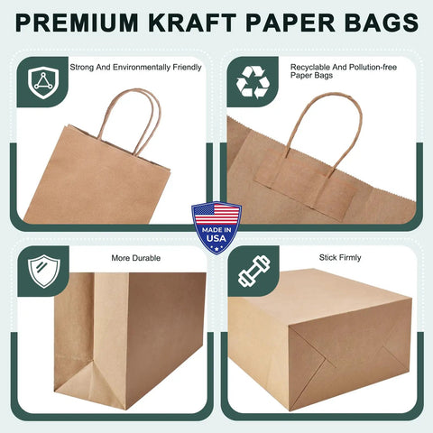 Small Brown Kraft Gift Bags With Handles Five And A Quarter By Three And Three Quarter By Eight Inches 50 Pcs Heavy Duty 100 GSM Kraft Paper Great For Small Biz Gift Wrapping Party Favors Birthday Bags Shopping Made In USA, showing reinforced bottom and handles.