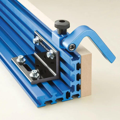 Beefy 2x2 Aluminum Brackets For T Track Systems with clamp and stop block on a router table fence setup