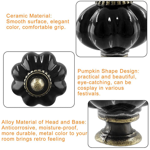 Close-up of black ceramic pumpkin cabinet knobs with zinc alloy base, part of Pumpkin Ceramic Cabinet Knobs Set For Black Vintage Drawer Pulls With Mounting Screws 10 Pc Dresser Hardware Cute Mini Closet Door Knobs For Decor For A Fresh DIY Makeover Of Cabinets And Dressers.