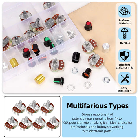 57 Piece WH138 Rotary Potentiometer Kit With B5K Through B1M Ohm Options, Knurled 3-Pin Linear Potentiometers, Aluminum Knob Set