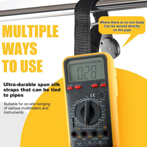 Two Sets Magnetic Hanging Strap Kit For Multimeters And Instruments With Durable Reusable Magnets Fits Most Models Great For Techs DIYers Field Work And Shop Use Keeps Your Gear Organized And Ready To Go shown holding a multimeter on a pipe